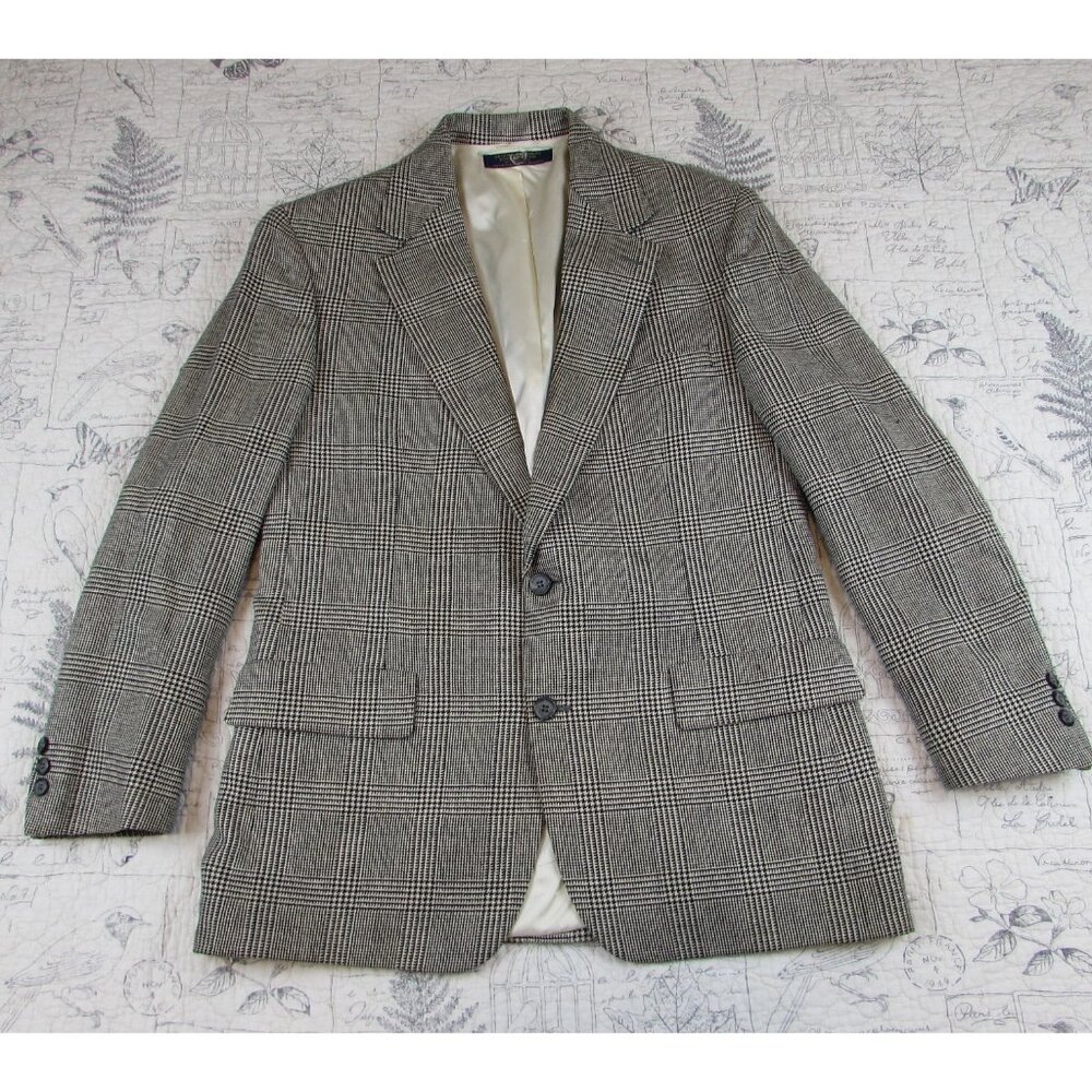 Vtg Brooks Brothers Blazer houndstooth black cream Glen Plaid USA mens 40R